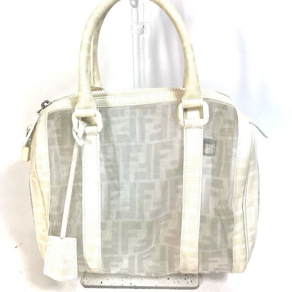 FENDI Hand Bag Zucca mesh mini Duffle Bag Leather White